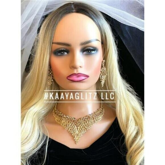 Gold Necklace Set Rhinestone Necklace Earrings Dangle Drop Gold Prom Jewelry Set - Picture 4 of 4